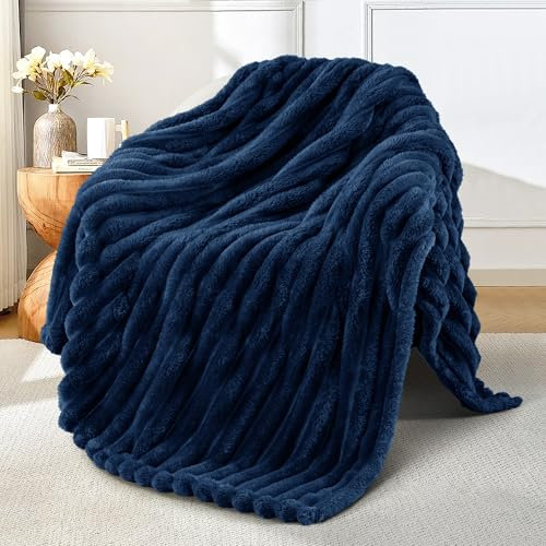 Exclusivo Mezcla Fleece Throw Blanket for Couch, Super Soft Striped Jacquard Bed Blanket, Lightweight Fuzzy Cozy for All Seasons, 127x152 CM, Navy Blue
