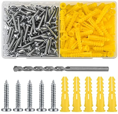 Juego de 200 Tornillos y Anclajes, Tacos para Paneles de Yeso y Tornillos para Madera, Tornillos Cabeza Plana, Incluye 100 Tacos Amarillos, 100 Tornillos Autotaladrantes de Cruz, 1 Broca