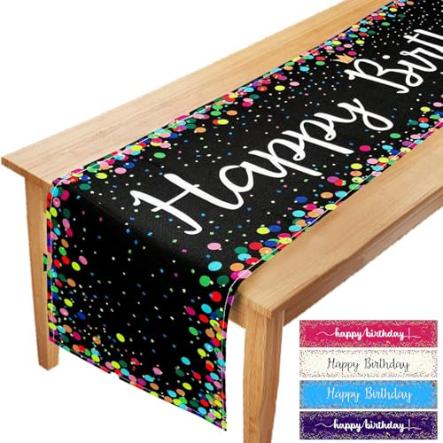 LUKIUP Tischläufer Geburtstag, Schwarz Linen Tablecloth, 183 x 33 cm, Happy Birthday Geburtstag Junge and Mädchen Tischläufer, Geburtstagstisch Deko Bunt, Happy Birthday Celebration