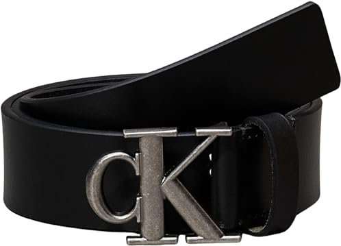 Calvin Klein Herren Gürtel Monogram Plaque Buckle 3,5 cm Ledergürtel, Schwarz (Black/Antique Silver), 115 cm