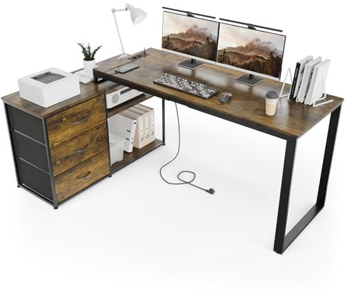 TRIUMPHKEY Eckschreibtisch mit 3 Schubladen&Stauraum, 140 x 105 x 75 cm Reversible Schreibtisch l Form, L-förmiger Schreibtisch mit 2 USB-Ladeanschlüssen und 2 Steckdosen, Braun