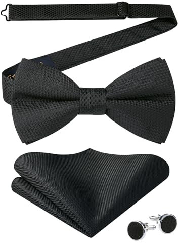 Enlision Fliege Schwarz Herren Einfarbig Vorgebundene Fliegen und Einstecktuch mit Manschettenknöpfe Set Smoking Fliege Anzug für Männer