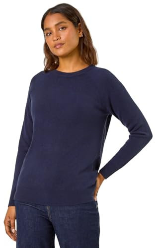 Roman Originals Soft Jumper for Women UK Ladies Winter Autumn Sweater Knit Knitwear Round Crew Neck Top Plain Lightweight Comfy Long Sleeve Split Hem Everyday Daywear - Midnight Blue - Size 20