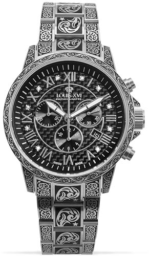 LOUIS XVI Palais Royale Inked 1722 - Ø 43 mm - Herren Uhr - Wasserdicht - Mit Saphirglas - Armband Silber - Zifferblatt Römisch Schwarz mit Diamanten - Schweizer Quarzwerk
