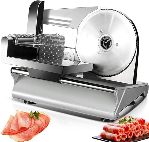Electric Deli Food Slicer, Meat Slicer with 19cm Stainless Steel Blade & Protection Guard, 1-15mm Adjustable Thickness, Multi-function Electric Cutter for Bread Meat Cheese