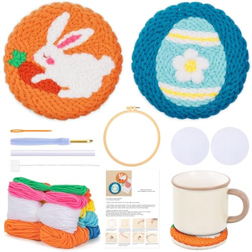 JSRQT 2 Stück Oster Punch Needle Untersetzer Set, Punch Needle Stickerei Set Anfänger Erwachsene mit Häschen-Ei-Muster, DIY Handwerk Kreuzstich Stanznadel Untersetzer Set mit Punch Needle Werkzeugset