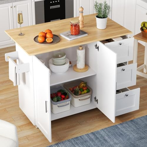 KOMHTOM Desserte à roulettes Cuisine Meuble de Rangement Cuisine avec 2 Portes et 3 tiroirs, Meubles de Cuisine avec Plans de Travail Buffets de Salle à Manger (Blanc)