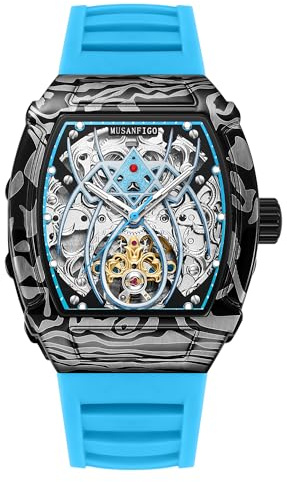 MUSANFIGO Weinfass geformte Outdoor Stil Männer vollautomatische mechanische Uhr mit ausgehöhltem Silikonband Männer Nachtlicht wasserdichte Mode Trenduhr 6039B