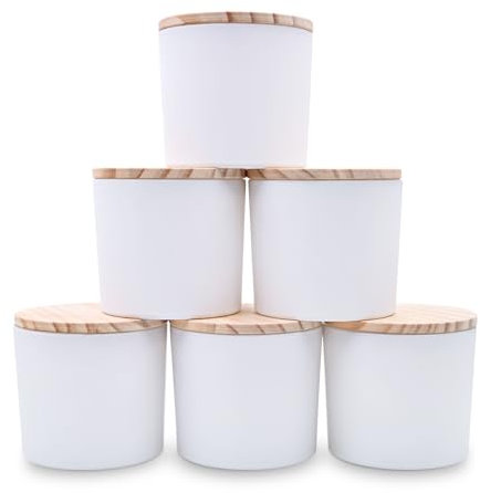 SHOWIN Vasetti spessi per candele da 340 g, 6 pezzi, barattoli vuoti con coperchi in legno per barattoli di spezie, contenitori per campioni, bianco opaco