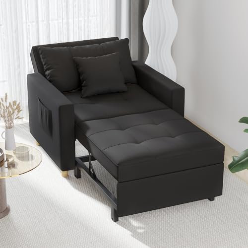 UNIONLINE 192cm Schlafsofa, 3-in-1 Schlaferstuhl Ausziehbar Schlafsessel Betten, Schlafsofa mit Seitentasche und Regulierbarer Rückenlehne für Erwachsene Leinenstoff Sofa Bed Chair, Schwarz