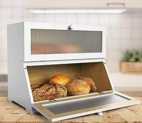 OHMG Boîte à Pain Bambou 2- Couche Countertop Boîte à Pain en Bois de Bambou pour Cuisine, Huche à pain,Nature,pour le stockage du pain,40x33x25cm (Blanc-40 * 33 * 25cm)