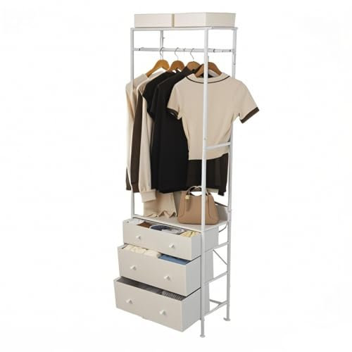 COSTWAY Garderobenständer mit 3 Schubladen, Garderobe mit Hängestange & Ablagefächern, Kleiderständer freistehend, Flurgarderobe industriell für Flur & Schlafzimmer, 55 x 28 x 176 cm (weiß)