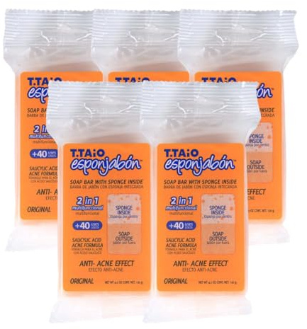 T.Taio - EsponJabón – Pack 5 Schwamm + Seife 2 in 1 Anti-Unreinheiten – Reinigt & Klärt – Für gesunde & strahlende Haut – Unisex – 600g