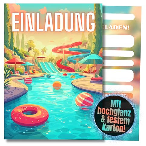 HIDEBLOOM Poolparty Einladungskarten Kindergeburtstag Mädchen und Junge - 12 Stück - DIN A6 (10,5 cm x 14,8 cm) - Einladung Schwimmbad Geburtstag - Geburtstagseinladungen Poolparty Kindergeburtstag
