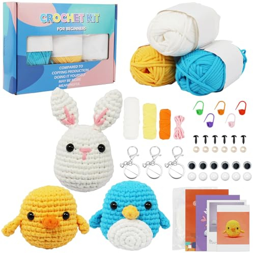 Ruikdly Häkelset für Anfänger Strickset für Anfänger 3 Stück Strickset(Kaninchen, Pinguin, Küken) für Erwachsene Häkelset für Kinder Crochet Set Starter-Set Mit Videokurs und Schritt Anleitungen