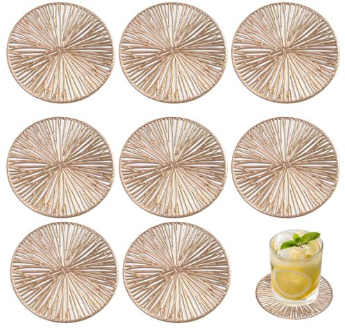 ZWWOGE 8 Stück Untersetzer mit Geometrischem Lochmuster, Untersetzer Gläser Hitzebeständig und Wiederverwendbar, für Zuhause KüChe Wohnzimmer Schlafzimmer BüRo Café Oder Bar(10 cm Rund, Goldfarben)