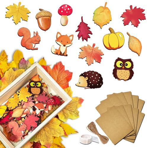 Herbstdeko Bastelset Holz, 81 Stück Streudeko Bastelset für Kinder mit 60 x Tischdeko Streu, 10 x Karton, 10 x Schnur, 1 x Klebepunkte, Herbst Streudeko für Esszimmertisch, Fensterbank, 4 Model