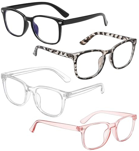 KxrTpx 4 Pack Kids Blue Light Glasses, Fashion Glasses for Boys and Girls, Screen Protection for Online Classes and Gaming, Black Clear Pink White Frames
