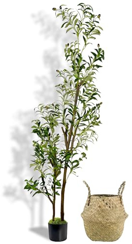 A&M - Artificial Olive Tree 180cm (6ft) Tall, 720 Leaves & 40 Fruits, Large Faux Olive Plant with Basket, Lifelike Indoor Tree with PE Trunk & Fabric Leaves for Home, Office & Living Room Decor