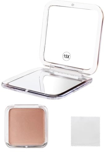 VEGCOO 15X Grossissant Miroir de Poche Pliable, Petit Miroir de Poche, Miroir Grossissant de Voyage, Miroir Grossissant de Poche, Double Face Grossissement 15X et Miroir 1X, Carré 8 cm (Rose)