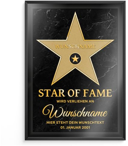 Tigerlino Personalisiertes Star of Fame Poster Gold Design – Hollywood Stern mit Name – Wunschtext & Datum – Edles Geschenk Geburtstag, Jubiläum, Auszeichnung