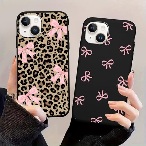 Yoedge 2 Pack Stylish Pink Bow Leopard Phone Case for iPhone 14/iPhone 13 6.1,Cartoon Leopard Print Aesthetic Cases Design Pattern Cases for Girls Women Boys,Soft Silicone TPU Protective Cover Funda