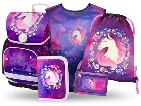 Baagl Schulranzen Mädchen Set 5 Teilig Ergonomischer Schulrucksack - Pferd | Ergo Schultasche für 1. Klasse und Grundschule Ranzen unterstützt Ordnung für Mäppchen, Turnbeutel, Schürze, Brustbeutel.
