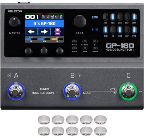 VALETON Processore multieffetto per chitarra con modellazione HD, 200+ effetti, supporto IR e NAM, looper, drum machine, interfaccia audio USB GP-180