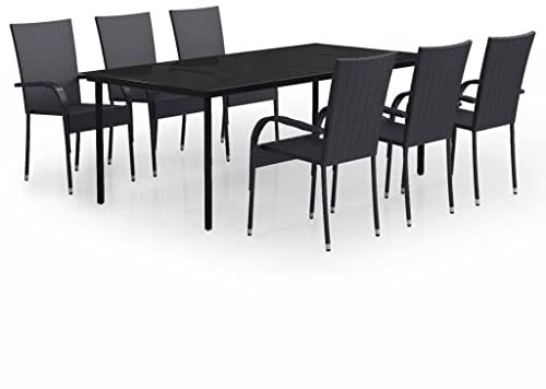 XHNIFBN Juego de muebles de jardín de ratán de 7 piezas con mesa de cristal de 200 x 100 cm y 6 sillas, robusto conjunto de asientos de acero con recubrimiento en polvo para terraza y jardín, color