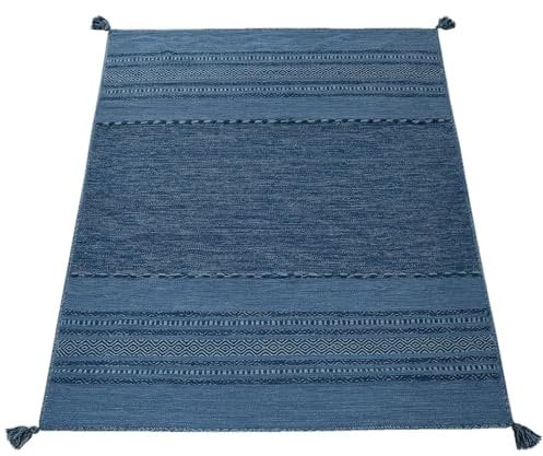 Paco Home Designer Teppich Webteppich Kelim Handgewebt 100% Baumwolle Modern Gemustert Blau, Grösse:120x170 cm