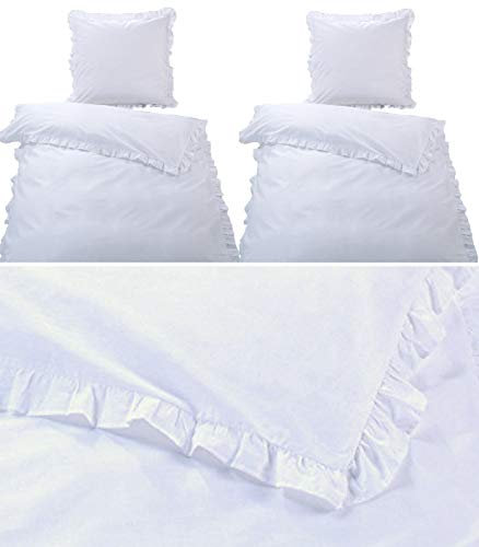 MB Warenhandel24 Bettwäsche Doppelpack Romantische RÜSCHEN Weiss 4-Teilige hochwertige Vintage Retro Stil Baumwolle Renforcé Weiss 2X 135x200 Bettbezug + 2X 80x80 Kissenbezug mit Reißverschluss