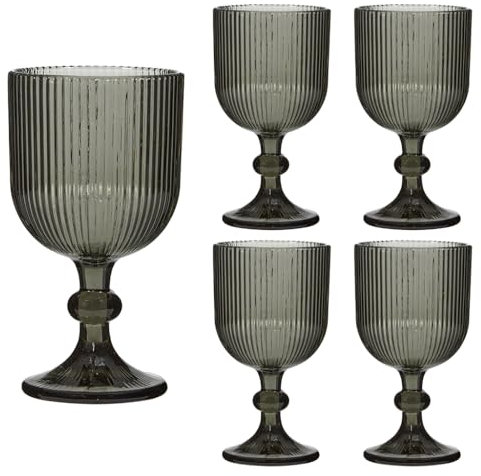 Set of 4 Wine Glasses Grey Embossed 360ml Ribbed Mid-Century Style Wine Goblets Alfresco Dining Glassware (DK48)