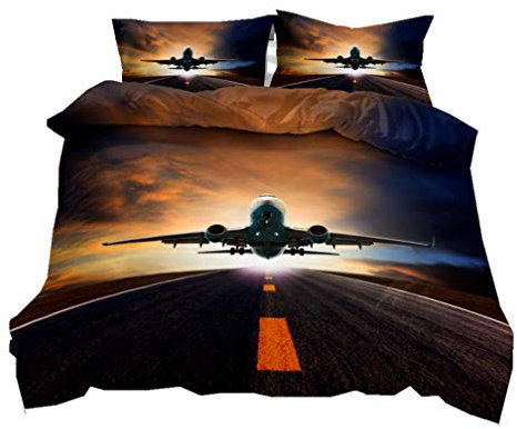 Moderne Flugzeug Bettwäsche Set Luftfahrt Thema Reißverschluss Bettbezug mit Kissenbezug, Blau Grau Braun 3D Print Mikrofaser Luxuriöse Tagesdecke Abdeckung für Männer Junge S (Muster-5, 135x200 cm)