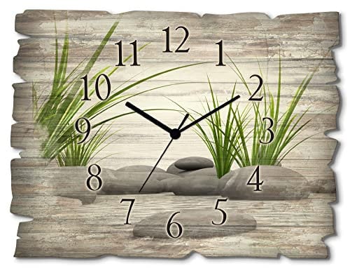 ARTLAND Wanddeko Wanduhr ohne Tickgeräusche aus Holz Quarzuhr 40x30 cm Rechteckig Lautlos Zen Steine Asia Asiatisch Japanisch Originell T6CD