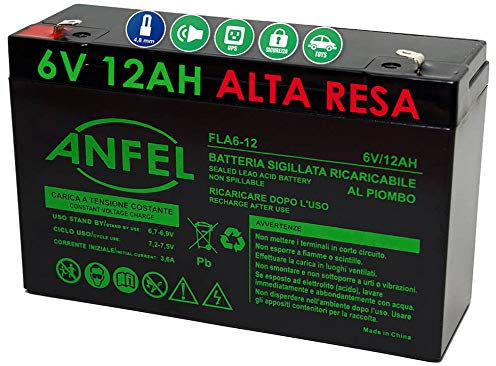 ANFEL Batteria al Piombo Ricaricabile 6V 12AH 12000mAh 151 mm x 50 mm x 95 mm per allarmi antifurti, sistemi di Sicurezza, Batterie di Ricambio per ups USV, Solar, Solarpanel