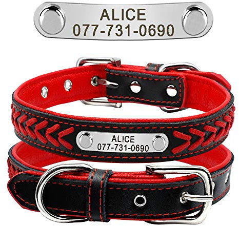 Didog Hundehalsband aus geflochtenem Leder, mit Gravur und personalisiertem Namensschild für kleine, mittelgroße und große Hunde, Rot, Größe L