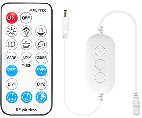 PAUTIX RF Remote Dimmer for Single Color LED Strip Lights, 18-Key Wireless Remote and in-line Controller DC 5-24V for 3528/2835/5050/COB LED Tape Lights,Timer Function