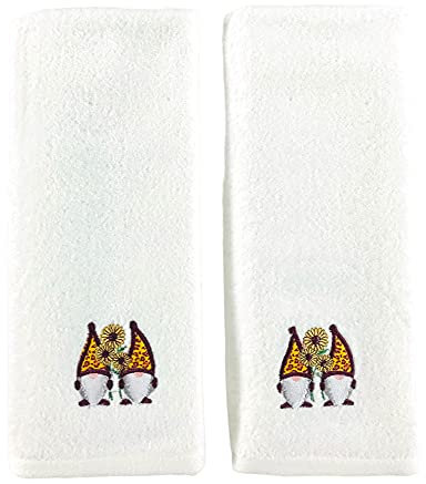 Serafina Home Dekorative Herbsthandtücher: Niedlicher Gartenzwerg mit Sonnenblumen besticktes Design Plüsch Velours Baumwolle, 2er Set (Zwerge)