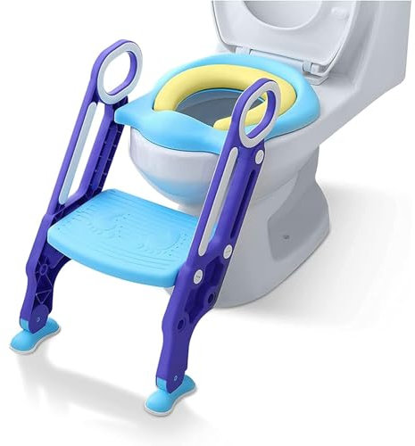 Sedile per WC per Bambini con Scale, Aufun Toilet Trainer Scaletta Pieghevole Vasino per Apprendimento con Scale Sedile per WC per Bambini con Cuscino Imbottito in PU e Manici per Vasino (Blu e Viola)