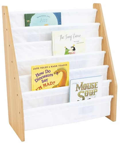 Humble Crew Kids Bookshelf 6-Tier Book Rack Organizer, Extra Large Toddler Bookcase with Fabric Storage Pockets, Front-Facing Display for Children’s Books, White/Natural Wood, Nursery/Playroom Storage