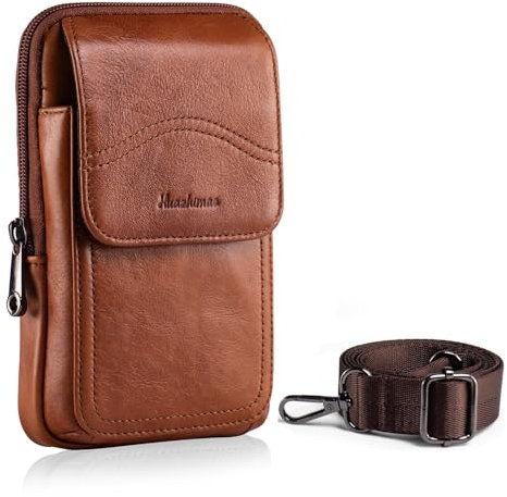 HUAZHIMAO Handytasche Zum Umhängen Herren Leder Gürteltasche Doppeltaschen Hüfttasche Handy Halter Holster für iPhone 16 15 14 13 Pro Max 16 15 14 Plus, Samsung Galaxy S23+,S24 S23 Ultra (Braun)
