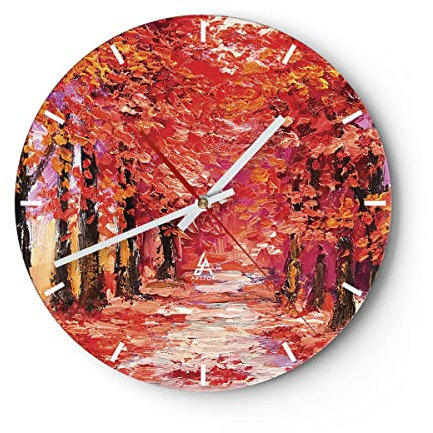 Modern Wanduhr Herbst Park Allee 40x40cm Rund Groß Wand Uhr Glas Analog Zimmeruhren Küche Büro Wohnzimmer Glasuhr Wall Clock Dekoration Design Wanddekoration Küchenuhr C3AR40x40-4292