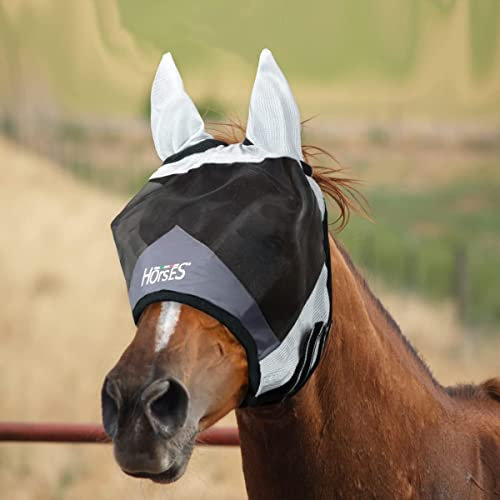 Horses, Fliegenohren Maske Fly Shield, Leichte und Atmungsaktive Fliegenmaske, Behindert Nicht das Sichtfeld des Pferdes, Augen und Gehörschutz (S, GRAU/SCHWARZ)