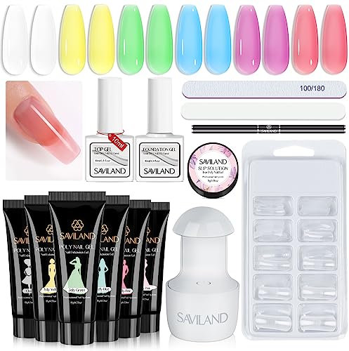 Saviland Polygels Starter Set mit UV Lampe – 6 Farben 15ml Clear Jelly Pink Nude Poly Nagel Base Top Coat Gel Slip Lösung Nagelwerkzeuge für Verlängerung Gel Poly Nägel Anfänger Nagelverlängerung Kit