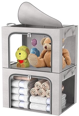 FUSACONY 2 Stück Aufbewahrungsbox kleidung, Faltbare Kleideraufbewahrung Box mit Metallrahmen und 3 Fenster, Aufbewahrungstasche für Bettdecken Decken Kleidung, Grau (24L)