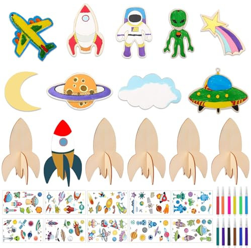 IWTBNOA Raketen Holz Bastelset, 37Pcs DIY Kinder Holzbastelsets, Rakete zum Bemalen Kreative Kunst Bastelbedarf, DIY Aufkleber Handwerk, DIY Kinder Malen Geschenke für Jungen Mädchen Kindergeburtstag