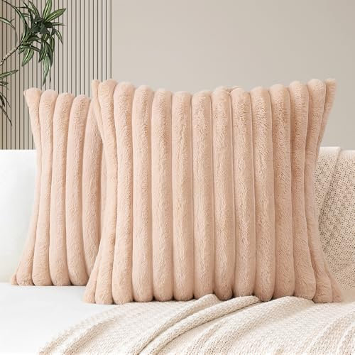 JOTOM 2er Set Doppelseitige Kunstpelz Plüsch Kissenbezüge, Dekorative Weich Kissenbezug Moderne Kissenhülle Sofakissen Zierkissenbezug für Wohnzimmer Schlafzimmer Deko (45x45cm, Khaki)