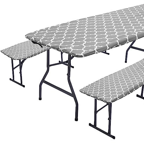 Retrok Elastische Abdeckung Bierzeltgarnitur, PVC Bierbank Auflage Biertischhussen Abwaschbar Wasserdicht, Schutzhülle Für Bierzeltgarnitur Husse Für 76.2 ×183cm Biertisch, 30.5×183cm Bierbank(Grau)