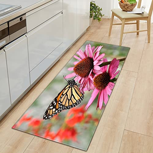 GOKSEL Teppich Läufer Rosa Blumen & Schmetterlinge KüChenteppich Waschbar rutschfest Teppich Küche, Teppichläufer Küchenläufer für Flur, Küche, Schlafzimmer 60 x 180cm