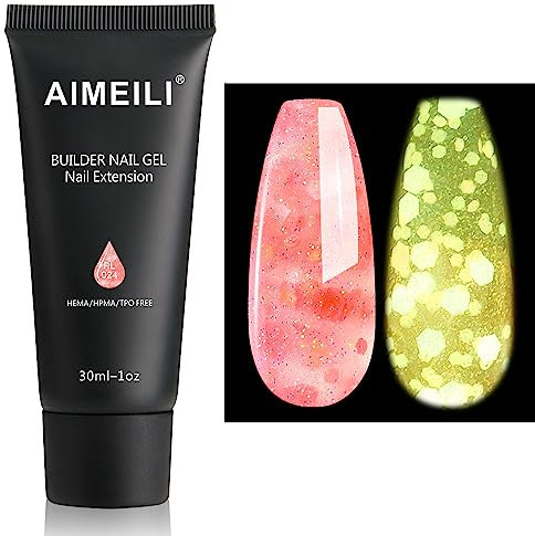 AIMEILI Extention Gel pour Ongles Fluo, Paillettes Glow in Dark Builder Construction Gel 30ml Faux Ongles Quick Building UV LED Vernis Semi Permanent - Pêche Rose 024